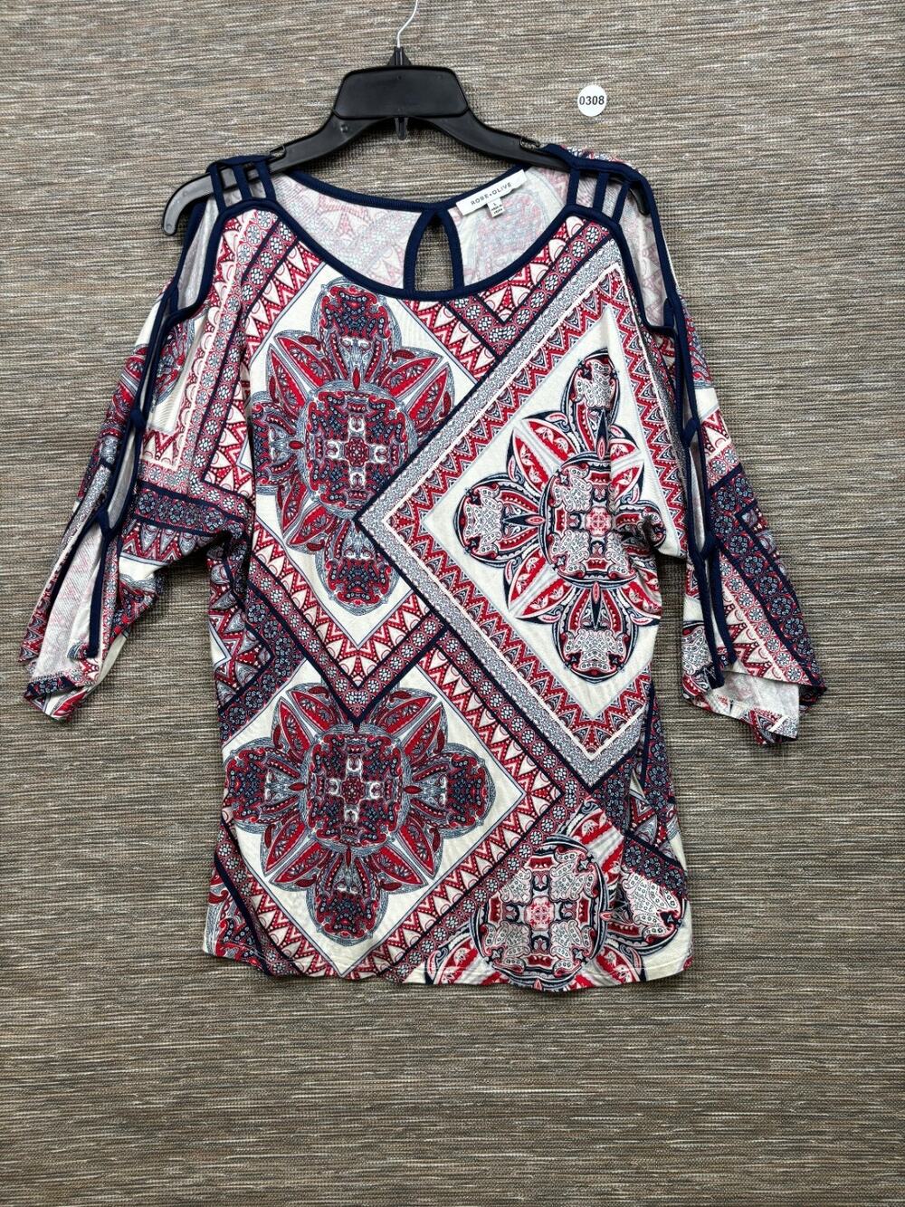 Rose + Olive Top Womens Size L Paisley Medallion Cold Shoulder Ladder Sleeve